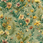 sage green, yellow flowers, cream blossoms, botanical pattern, wildflowers, meadow blooms, nature motif, vintage floral, muted tones,, fabric panel, seamless repeat, garden flowers, soft pastels, delicate petals, earthy palette, blooming stems, cottage core, romantic florals
