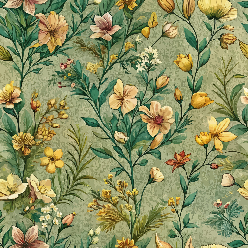 sage green, yellow flowers, cream blossoms, botanical pattern, wildflowers, meadow blooms, nature motif, vintage floral, muted tones,, fabric panel, seamless repeat, garden flowers, soft pastels, delicate petals, earthy palette, blooming stems, cottage core, romantic florals