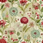 art nouveau, burnet flowers, botanical pattern, sage green, burgundy red, coral pink, cream background, floral motifs, vintage style,, fabric panel, wildflowers, nature design, seamless repeat, decorative florals, muted tones, organic shapes, garden flowers, textile design, cottage core