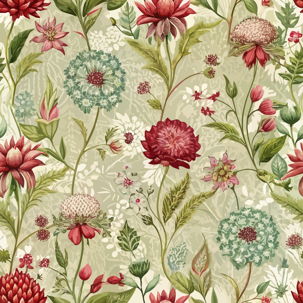 art nouveau, burnet flowers, botanical pattern, sage green, burgundy red, coral pink, cream background, floral motifs, vintage style,, fabric panel, wildflowers, nature design, seamless repeat, decorative florals, muted tones, organic shapes, garden flowers, textile design, cottage core