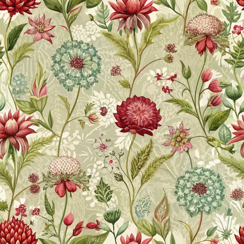 art nouveau, burnet flowers, botanical pattern, sage green, burgundy red, coral pink, cream background, floral motifs, vintage style,, fabric panel, wildflowers, nature design, seamless repeat, decorative florals, muted tones, organic shapes, garden flowers, textile design, cottage core