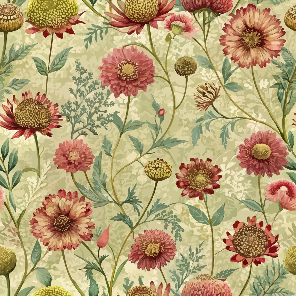 art nouveau, burnet flowers, floral pattern,, fabric panel, coral pink, sage green, golden yellow, burgundy red, cream background, botanical design, wildflowers, daisy-like blooms, vintage style, decorative florals, nature motif, repeating pattern, textile design, muted tones, organic shapes