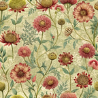 art nouveau, burnet flowers, floral pattern,, fabric panel, coral pink, sage green, golden yellow, burgundy red, cream background, botanical design, wildflowers, daisy-like blooms, vintage style, decorative florals, nature motif, repeating pattern, textile design, muted tones, organic shapes