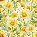 yellow flowers, buttercups, art nouveau, floral pattern, botanical design, green leaves, cream background, watercolor style, spring blooms,, fabric panel, nature motif, golden yellow, sage green, delicate petals, flowering stems, organic curves, meadow flowers, soft pastels, repeating pattern