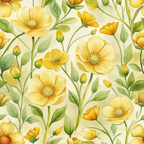 yellow flowers, buttercups, art nouveau, floral pattern, botanical design, green leaves, cream background, watercolor style, spring blooms,, fabric panel, nature motif, golden yellow, sage green, delicate petals, flowering stems, organic curves, meadow flowers, soft pastels, repeating pattern
