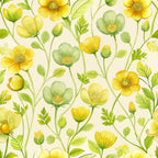 buttercups, yellow flowers, green leaves, floral pattern, watercolor style, botanical design, spring blooms, meadow flowers, nature motif,, fabric panel, soft pastels, delicate petals, stems and buds, art nouveau, organic shapes, garden theme, cream background, flowing design, wildflowers