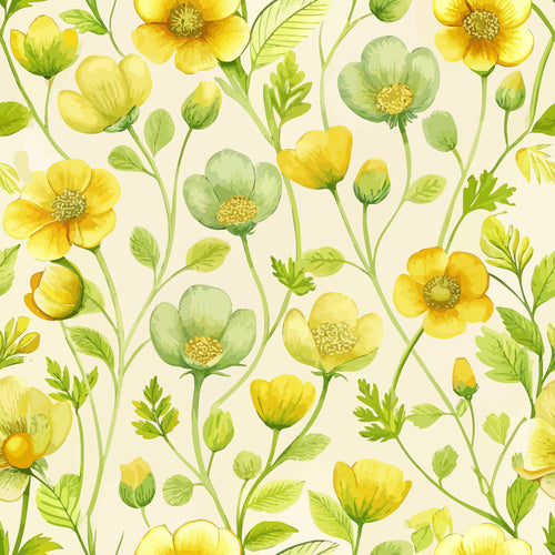 buttercups, yellow flowers, green leaves, floral pattern, watercolor style, botanical design, spring blooms, meadow flowers, nature motif,, fabric panel, soft pastels, delicate petals, stems and buds, art nouveau, organic shapes, garden theme, cream background, flowing design, wildflowers