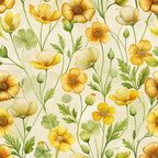 buttercups, yellow flowers, golden petals, cream background, green stems, floral pattern, botanical design, wildflowers, meadow flowers, watercolor style, soft pastels, nature motif, spring blooms, delicate petals,, fabric panel, art nouveau, flowing stems, garden flowers, repeating pattern