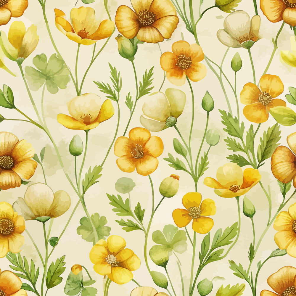 buttercups, yellow flowers, golden petals, cream background, green stems, floral pattern, botanical design, wildflowers, meadow flowers, watercolor style, soft pastels, nature motif, spring blooms, delicate petals,, fabric panel, art nouveau, flowing stems, garden flowers, repeating pattern