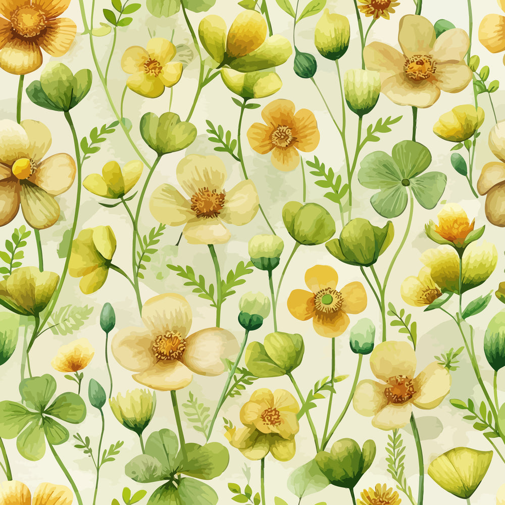 buttercups, wildflowers, botanical pattern, yellow flowers, green leaves, cream background, watercolor style, art nouveau, floral design,, fabric panel, spring flowers, meadow flowers, delicate petals, nature inspired, soft pastels, repeating pattern, garden blooms, organic shapes, flowing stems