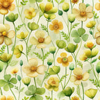 buttercups, wildflowers, botanical pattern, yellow flowers, green leaves, cream background, watercolor style, art nouveau, floral design,, fabric panel, spring flowers, meadow flowers, delicate petals, nature inspired, soft pastels, repeating pattern, garden blooms, organic shapes, flowing stems