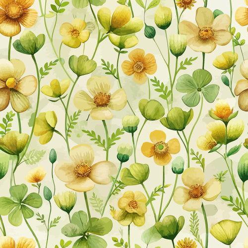 buttercups, wildflowers, botanical pattern, yellow flowers, green leaves, cream background, watercolor style, art nouveau, floral design,, fabric panel, spring flowers, meadow flowers, delicate petals, nature inspired, soft pastels, repeating pattern, garden blooms, organic shapes, flowing stems