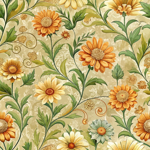 art nouveau, calendula flowers, floral pattern, orange blooms, yellow petals, green foliage, swirling vines, botanical design, cream background, golden tones, decorative scrollwork,, fabric panel, seamless repeat, vintage style, ornate florals, nature motif, warm colors, flowing stems
