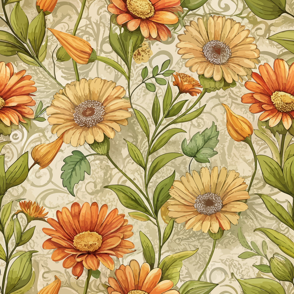 calendula flowers, marigold blooms, orange petals, yellow centers, sage green leaves, cream background, botanical pattern, floral design, art nouveau style, vintage illustration,, fabric panel, autumn colors, decorative swirls, ornate details, repeating motif, craft material, warm tones, elegant florals