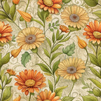 calendula flowers, marigold blooms, orange petals, yellow centers, sage green leaves, cream background, botanical pattern, floral design, art nouveau style, vintage illustration,, fabric panel, autumn colors, decorative swirls, ornate details, repeating motif, craft material, warm tones, elegant florals