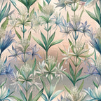 art nouveau, camas flowers, botanical pattern, pale pink background, blue petals, green stems, watercolor style, floral motif,, fabric panel, nature inspired, soft pastels, delicate blooms, repeating pattern, spring flowers, textile design, crafting material, wildflowers, elegant florals
