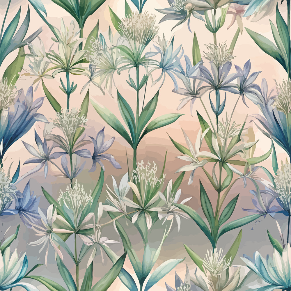art nouveau, camas flowers, botanical pattern, pale pink background, blue petals, green stems, watercolor style, floral motif,, fabric panel, nature inspired, soft pastels, delicate blooms, repeating pattern, spring flowers, textile design, crafting material, wildflowers, elegant florals