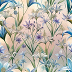 peach background, blue flowers, purple blooms, green stems, botanical pattern, art nouveau style, floral design,, fabric panel, delicate petals, nature motif, soft pastels, elegant florals, camassias flowers, watercolor effect, spring blooms, flowing stems, organic shapes, textile art
