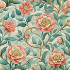 sage green, coral pink, cream, gold accents, camellia flowers, botanical pattern, art nouveau style, flowing vines, organic curves, layered petals,, fabric panel, floral design, nature motif, soft pastels, vintage inspired, romantic florals, elegant blooms, decorative swirls