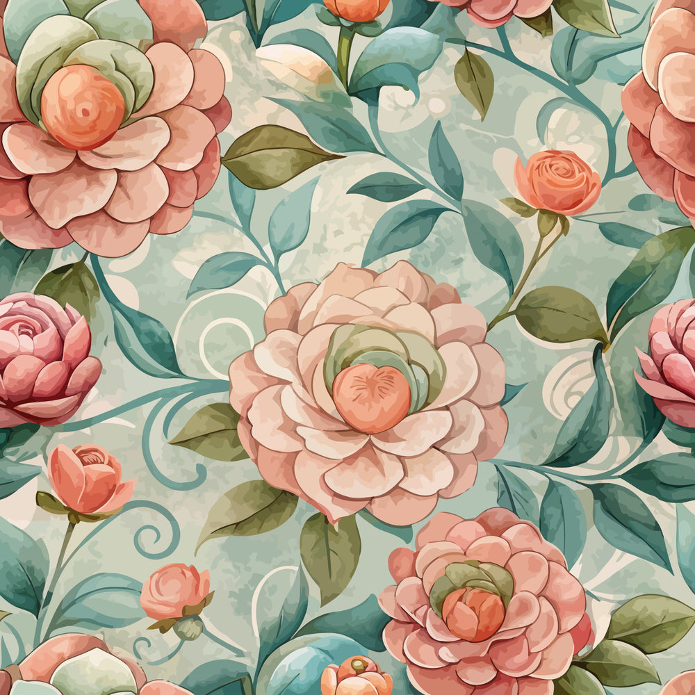 coral pink flowers, sage green leaves, teal blue foliage, cream background, camellia blooms, art nouveau style, floral pattern, botanical design, layered petals, flowing vines,, fabric panel, vintage inspired, romantic florals, peachy tones, swirling stems, elegant blooms, soft pastels