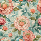 coral pink flowers, sage green leaves, teal blue foliage, cream background, camellia blooms, art nouveau style, floral pattern, botanical design, layered petals, flowing vines,, fabric panel, vintage inspired, romantic florals, peachy tones, swirling stems, elegant blooms, soft pastels