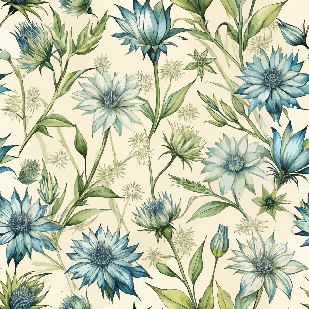 blue flowers, chicory blossoms, botanical pattern, art nouveau style, cream background, sage green leaves, watercolor effect, floral design,, fabric panel, nature motif, delicate petals, flowing stems, organic shapes, vintage botanical, soft blues, muted greens, repeating pattern, wildflowers, natural elements