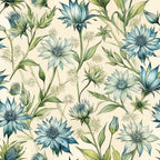blue flowers, chicory blossoms, botanical pattern, art nouveau style, cream background, sage green leaves, watercolor effect, floral design,, fabric panel, nature motif, delicate petals, flowing stems, organic shapes, vintage botanical, soft blues, muted greens, repeating pattern, wildflowers, natural elements