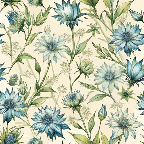 blue flowers, chicory blossoms, botanical pattern, art nouveau style, cream background, sage green leaves, watercolor effect, floral design,, fabric panel, nature motif, delicate petals, flowing stems, organic shapes, vintage botanical, soft blues, muted greens, repeating pattern, wildflowers, natural elements