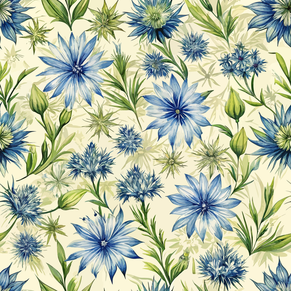 art nouveau, chicory blossoms, blue flowers, cream background, botanical pattern, floral design, star-shaped blooms, green foliage,, fabric panel, spiky petals, wildflowers, nature motif, vintage style, seamless repeat, cornflower blue, sage green, delicate stems, meadow flowers