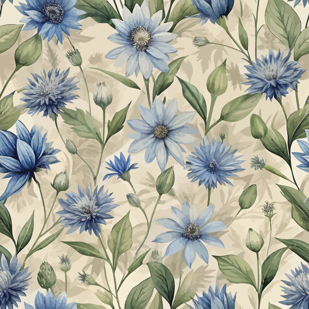 art nouveau, chicory flowers, blue flowers, cornflower blue, sage green, cream background, botanical pattern, wildflowers, floral design,, fabric panel, watercolor style, delicate petals, green leaves, stems and buds, seamless repeat, nature motif, soft pastels, cottage garden, vintage florals