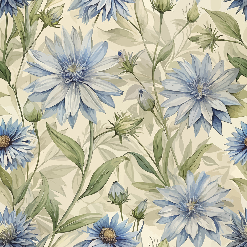 art nouveau, chicory flowers, blue petals, sage green, cream background, botanical pattern, floral design,, fabric panel, watercolor style, delicate blooms, nature motif, soft pastels, garden flowers, vintage inspired, organic shapes, flowing stems, muted tones, repeating pattern