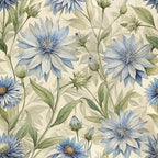 art nouveau, chicory flowers, blue petals, sage green, cream background, botanical pattern, floral design,, fabric panel, watercolor style, delicate blooms, nature motif, soft pastels, garden flowers, vintage inspired, organic shapes, flowing stems, muted tones, repeating pattern