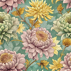 sage green, dusty pink, golden yellow, cream white, chrysanthemums, floral pattern, art nouveau style, botanical design, vintage flowers, ornate blooms,, fabric panel, decorative petals, flowing stems, elegant florals, muted pastels, repeating pattern, textile design, sophisticated motifs