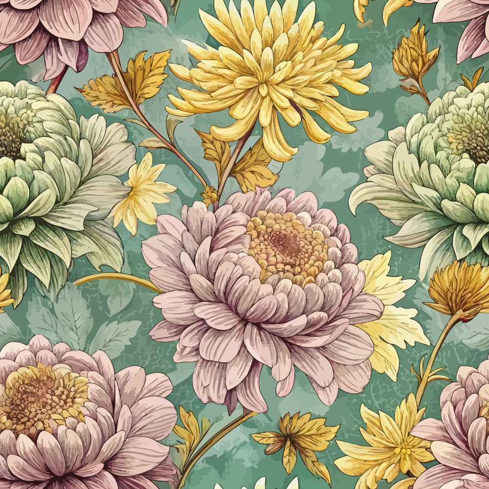 sage green, dusty pink, golden yellow, cream white, chrysanthemums, floral pattern, art nouveau style, botanical design, vintage flowers, ornate blooms,, fabric panel, decorative petals, flowing stems, elegant florals, muted pastels, repeating pattern, textile design, sophisticated motifs