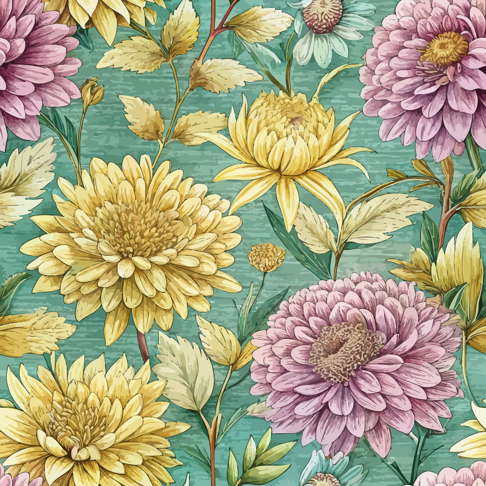 teal background, purple chrysanthemums, yellow flowers, golden blooms, art nouveau style, floral pattern, botanical design,, fabric panel, vintage inspired, layered petals, decorative leaves, turquoise base, lavender blooms, ornate florals, repeating motif, detailed petals, elegant design, cottage core
