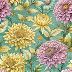 teal background, purple chrysanthemums, yellow flowers, golden blooms, art nouveau style, floral pattern, botanical design,, fabric panel, vintage inspired, layered petals, decorative leaves, turquoise base, lavender blooms, ornate florals, repeating motif, detailed petals, elegant design, cottage core
