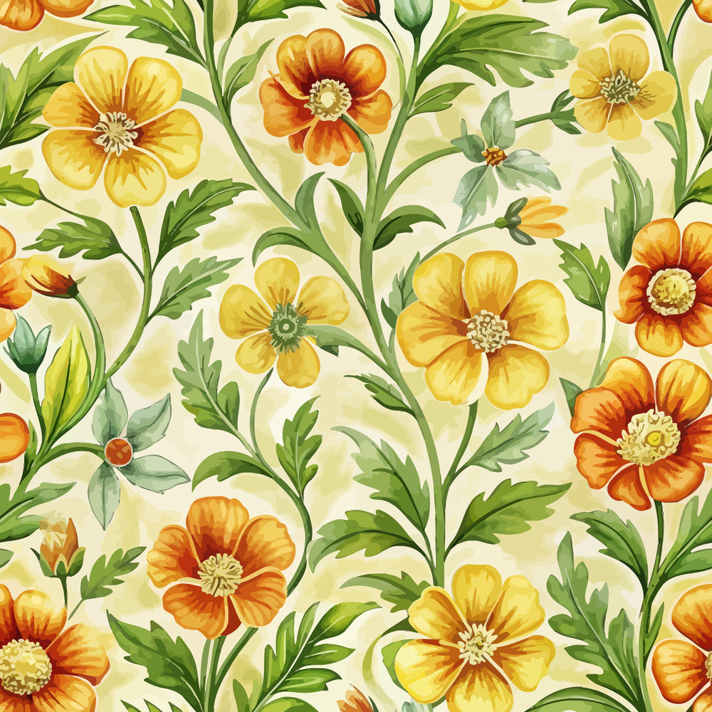 art nouveau, cinquefoils, botanical pattern, yellow flowers, orange blooms, green foliage, cream background, flowing vines, floral motif, five-petaled flowers, nature design, organic curves,, fabric panel, warm tones, garden theme, decorative florals, vintage style, repeating pattern