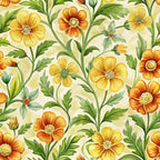 art nouveau, cinquefoils, botanical pattern, yellow flowers, orange blooms, green foliage, cream background, flowing vines, floral motif, five-petaled flowers, nature design, organic curves,, fabric panel, warm tones, garden theme, decorative florals, vintage style, repeating pattern