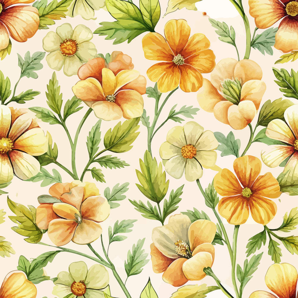 yellow flowers, orange blooms, cream background, green leaves, floral pattern, botanical design, cinquefoil flowers, art nouveau style, watercolor effect,, fabric panel, five-petal flowers, nature motif, warm tones, spring flowers, flowing stems, organic shapes, seamless repeat, cottagecore aesthetic