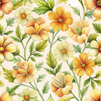yellow flowers, orange blooms, cream background, green leaves, floral pattern, botanical design, cinquefoil flowers, art nouveau style, watercolor effect,, fabric panel, five-petal flowers, nature motif, warm tones, spring flowers, flowing stems, organic shapes, seamless repeat, cottagecore aesthetic