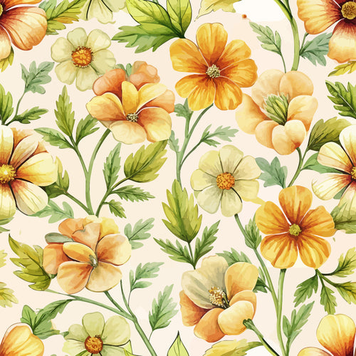 yellow flowers, orange blooms, cream background, green leaves, floral pattern, botanical design, cinquefoil flowers, art nouveau style, watercolor effect,, fabric panel, five-petal flowers, nature motif, warm tones, spring flowers, flowing stems, organic shapes, seamless repeat, cottagecore aesthetic