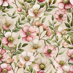 blush pink, cream white, sage green, olive green, cistus flowers, five-petaled blooms, botanical pattern, flowing branches, delicate leaves, art nouveau style, watercolor effect, romantic florals, soft pastels,, fabric panel, nature motif, vintage inspired, feminine design, seamless repeat, garden flowers