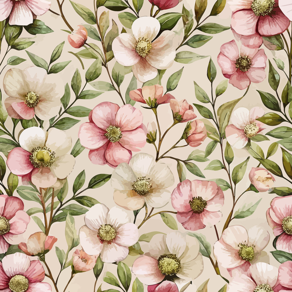 blush pink, cream white, sage green, olive green, cistus flowers, five-petaled blooms, botanical pattern, flowing branches, delicate leaves, art nouveau style, watercolor effect, romantic florals, soft pastels,, fabric panel, nature motif, vintage inspired, feminine design, seamless repeat, garden flowers