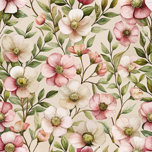blush pink, cream white, sage green, olive green, cistus flowers, five-petaled blooms, botanical pattern, flowing branches, delicate leaves, art nouveau style, watercolor effect, romantic florals, soft pastels,, fabric panel, nature motif, vintage inspired, feminine design, seamless repeat, garden flowers