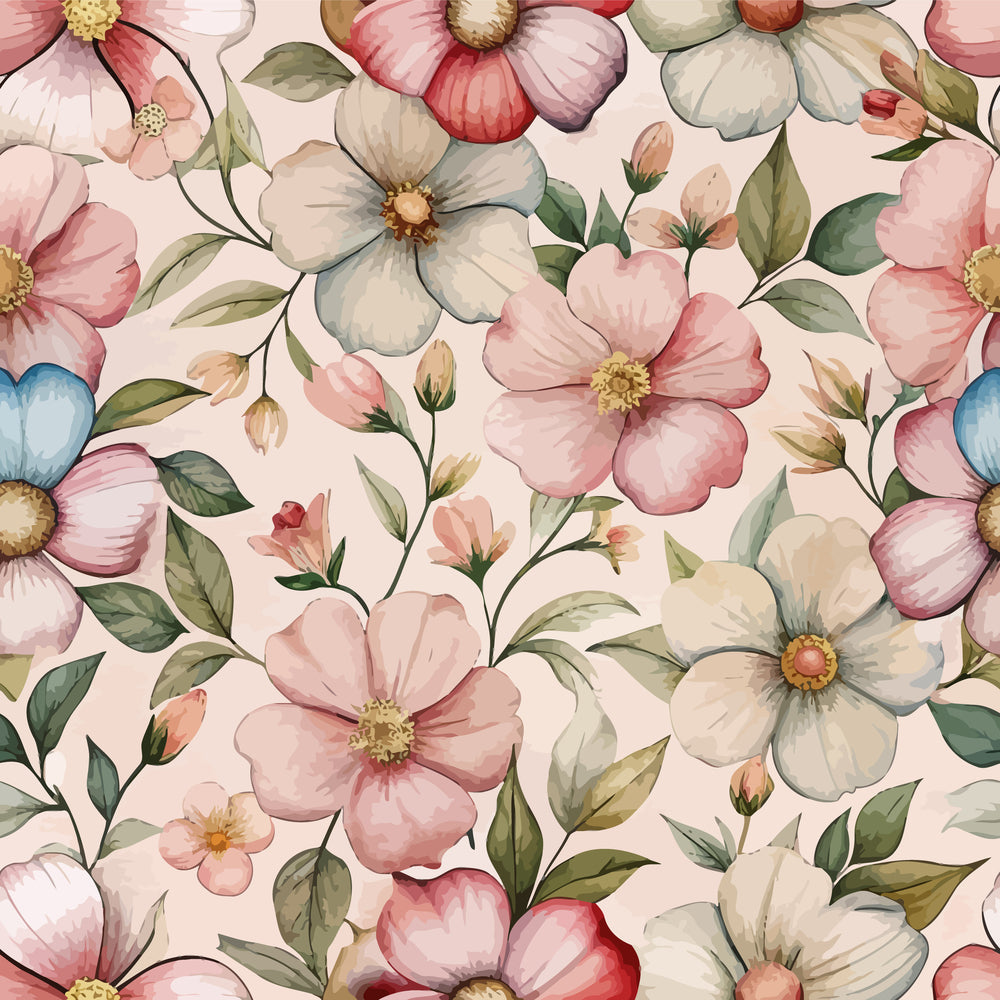 art nouveau, cistus flowers, floral pattern,, fabric panel, pink flowers, white blooms, coral petals, sage green leaves, yellow centers, botanical design, watercolor style, delicate florals, soft pastels, romantic mood, seamless repeat, nature motif, garden flowers, feminine aesthetic, crafting fabric