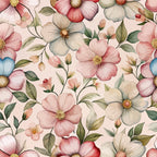 art nouveau, cistus flowers, floral pattern,, fabric panel, pink flowers, white blooms, coral petals, sage green leaves, yellow centers, botanical design, watercolor style, delicate florals, soft pastels, romantic mood, seamless repeat, nature motif, garden flowers, feminine aesthetic, crafting fabric