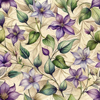 purple flowers, clematis blooms, green leaves, cream background, botanical pattern, floral design, six-petaled flowers, vine motif, art nouveau style, watercolor effect,, fabric panel, soft pastels, climbing flowers, leafy branches, nature inspired, flowing pattern, textile design, organic shapes, garden flowers