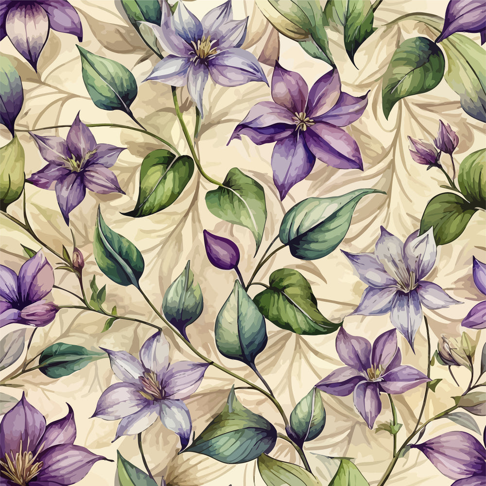 purple flowers, clematis blooms, green leaves, cream background, botanical pattern, floral design, six-petaled flowers, vine motif, art nouveau style, watercolor effect,, fabric panel, soft pastels, climbing flowers, leafy branches, nature inspired, flowing pattern, textile design, organic shapes, garden flowers