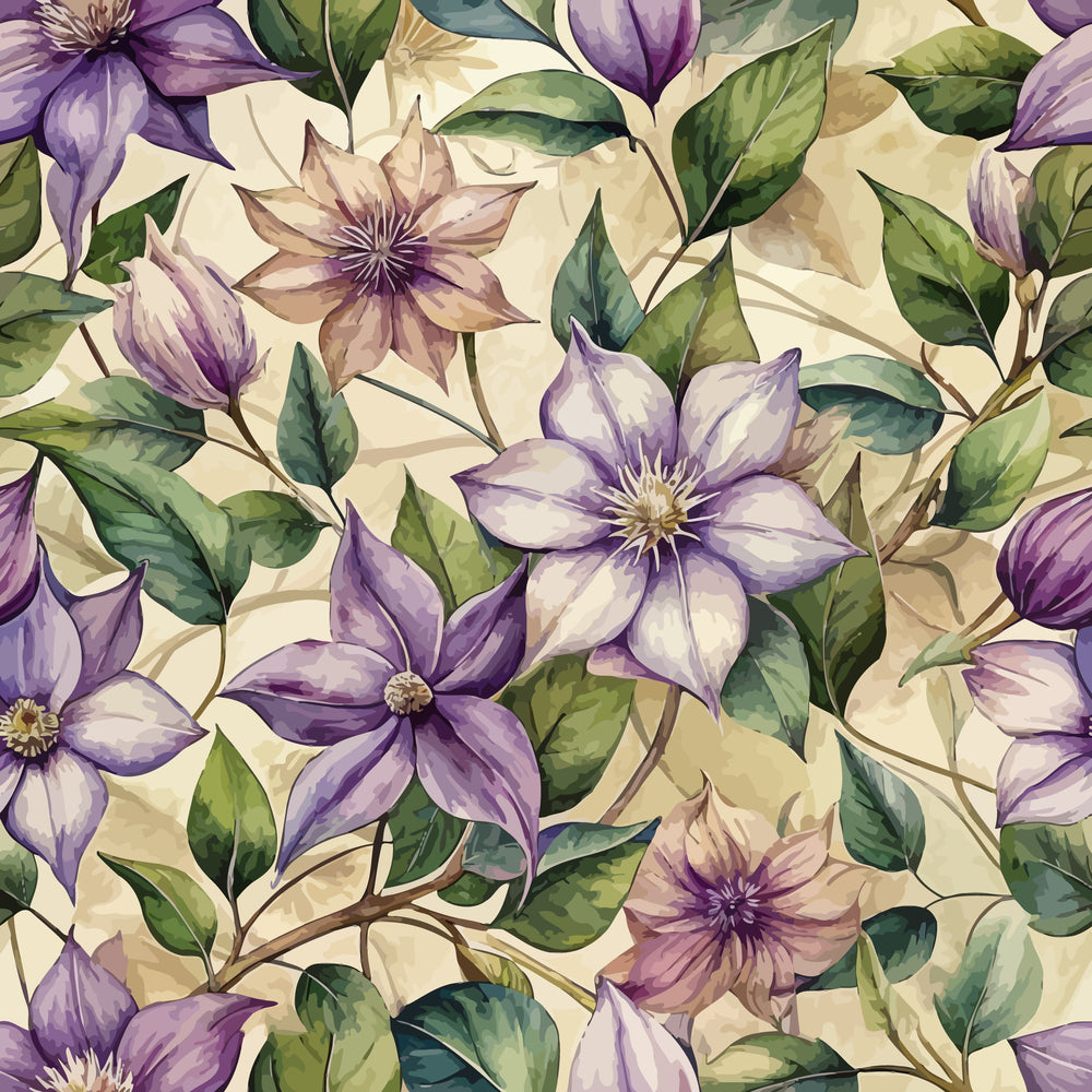 art nouveau, clematis flowers, purple petals, lavender blooms, green leaves, cream background, botanical pattern, floral design, watercolor style,, fabric panel, vine motif, nature inspired, soft pastels, elegant florals, climbing flowers, organic shapes, flowing lines, garden theme
