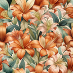 orange flowers, coral petals, sage green leaves, cream background, botanical pattern, lily blooms, floral design, art nouveau style,, fabric panel, tropical flowers, peach tones, nature motif, elegant florals, seamless repeat, garden blooms, artistic rendering, soft pastels, decorative pattern